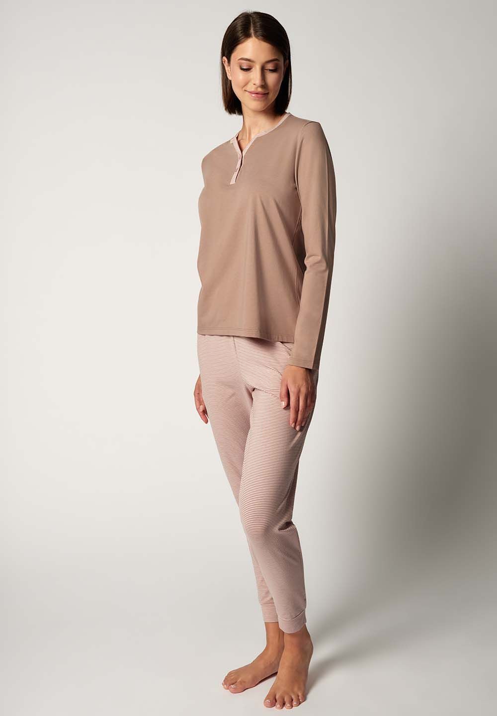 HUBER Basic T. pižama komplet dolga ženska mokka